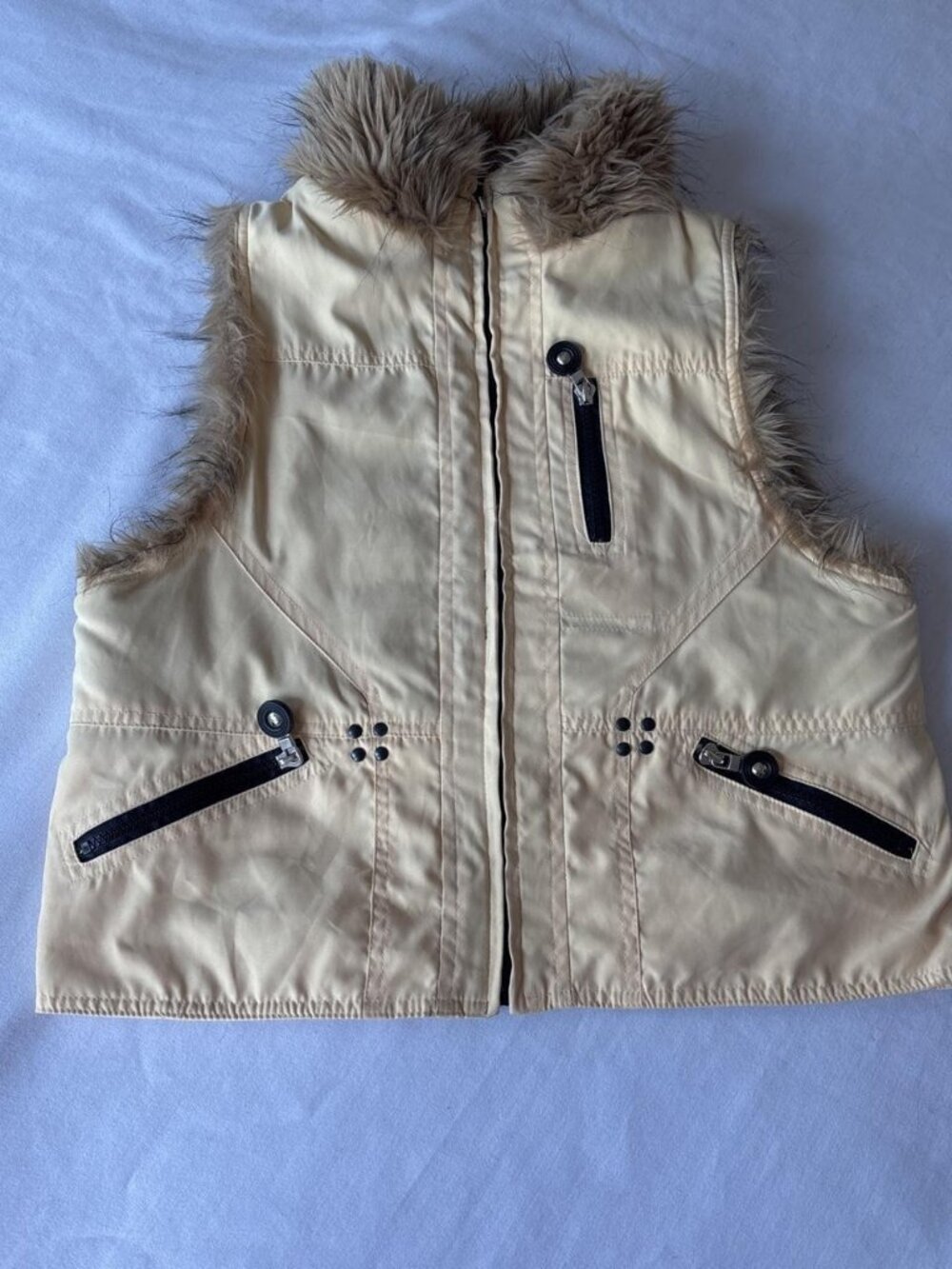 Vintage Jamie Sadock Reversible Faux Fur Vest Butter Cream Tan Y2K Gorpcore S